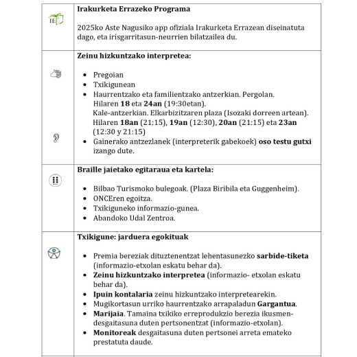 Aste Nagusia 2025erako irisgarritasun-neurrien zerrenda kontsulta dezakezu jada
